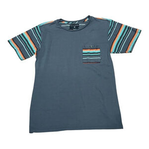 Billabong Shirt Mens Small Gray Teal Orange Striped Pocket Tee Surf Skate Casual